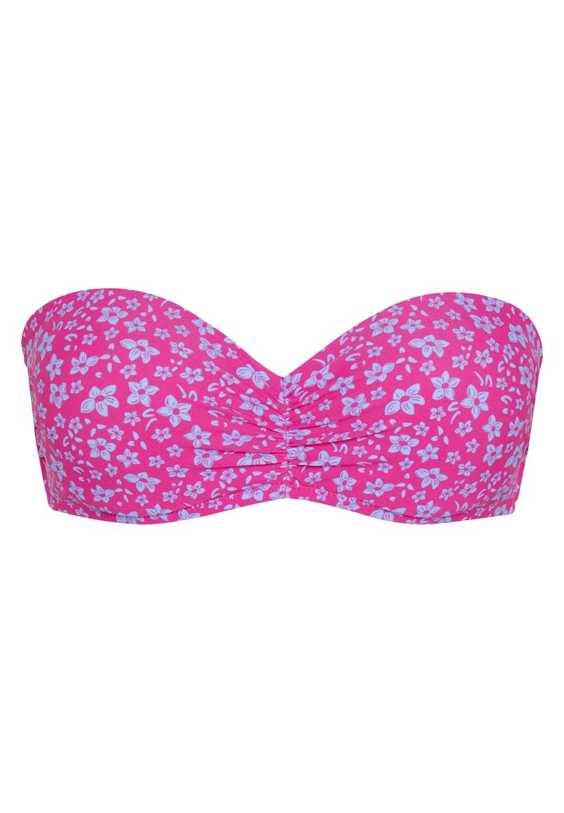 Bandeau-Bikini-Oberteil in leuchtendem Pink mit hellblauem Blumenmuster. Beinhaltet eine geraffte Mittelnaht und glattes Material. Keine Träger enthalten.
