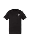 Schwarzes T-Shirt mit kurzen Ärmeln und weißem "Custom Biker Winally Schott"-Logo auf der linken Brust sowie rundem Halsausschnitt.