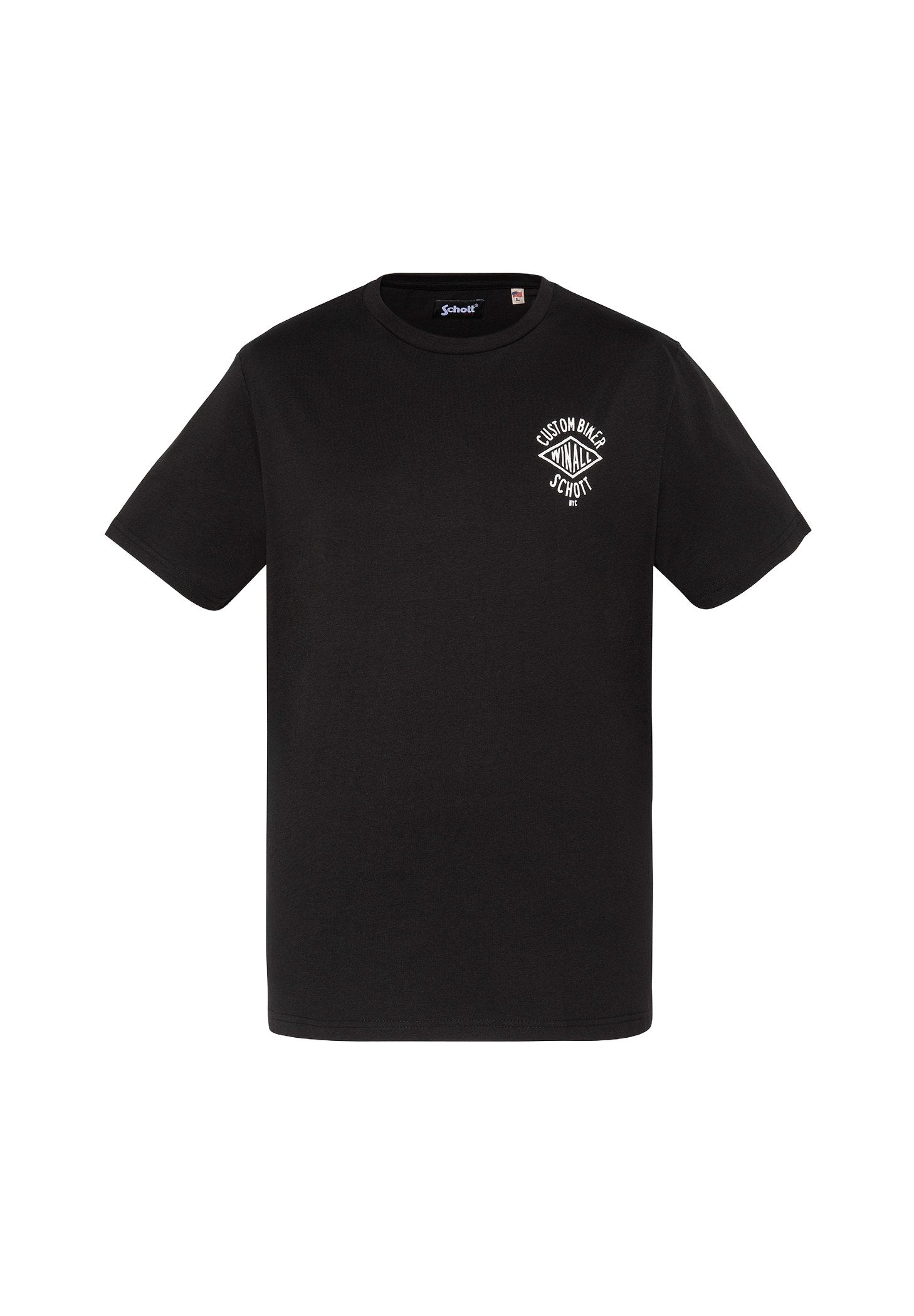 Schwarzes T-Shirt mit kurzen Ärmeln und weißem "Custom Biker Winally Schott"-Logo auf der linken Brust sowie rundem Halsausschnitt.