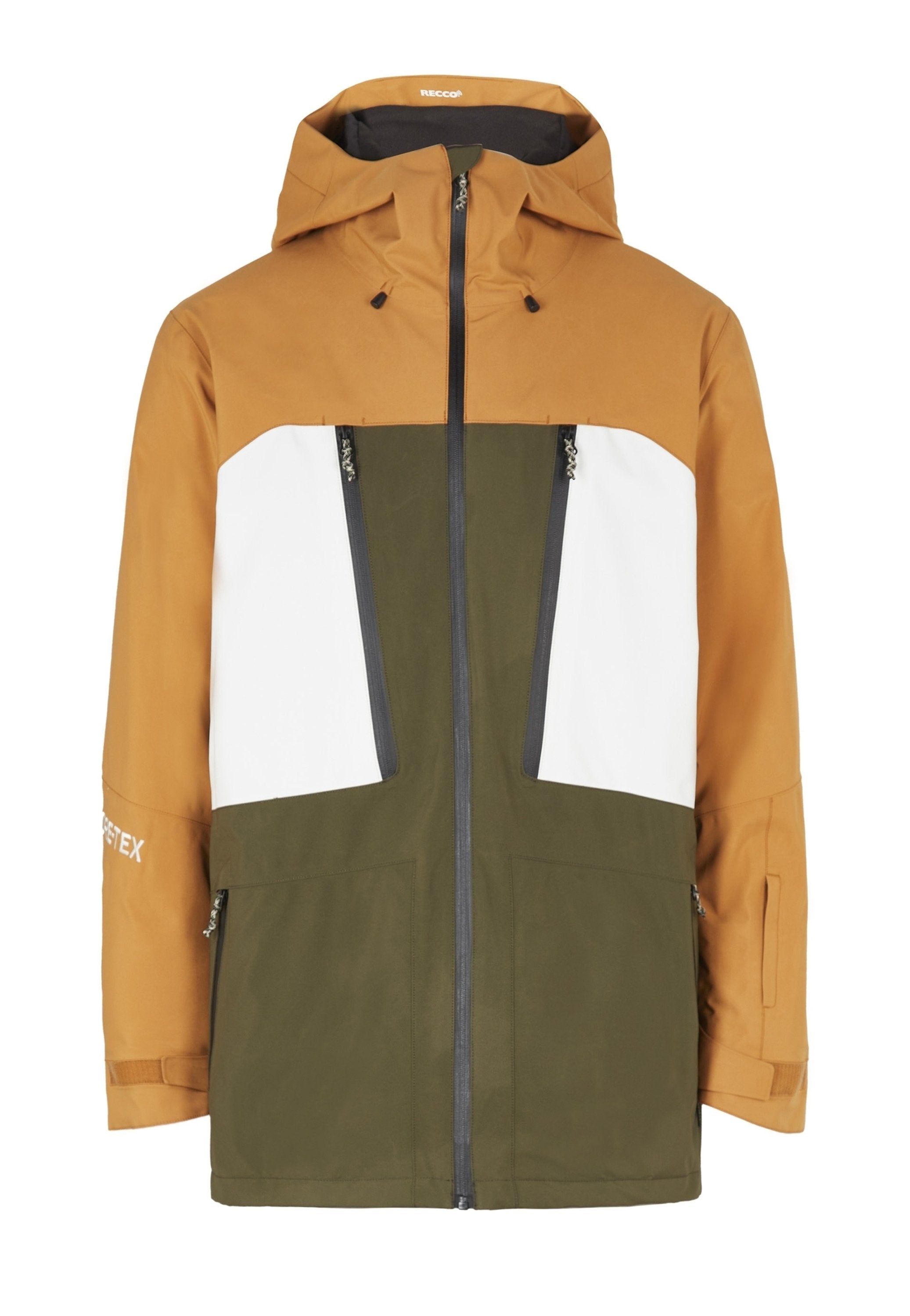 Wasserdichte Jacke in Braun, Weiß und Olivgrün. Verfügt über eine Kapuze, einen Reißverschluss und zwei vordere Taschen mit verdeckten Reißverschlüssen.
