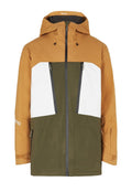 Wasserdichte Jacke in Braun, Weiß und Olivgrün. Verfügt über eine Kapuze, einen Reißverschluss und zwei vordere Taschen mit verdeckten Reißverschlüssen.