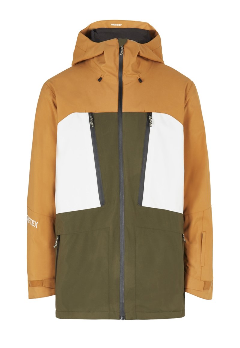 Wasserdichte Jacke in Braun, Weiß und Olivgrün. Verfügt über eine Kapuze, einen Reißverschluss und zwei vordere Taschen mit verdeckten Reißverschlüssen.