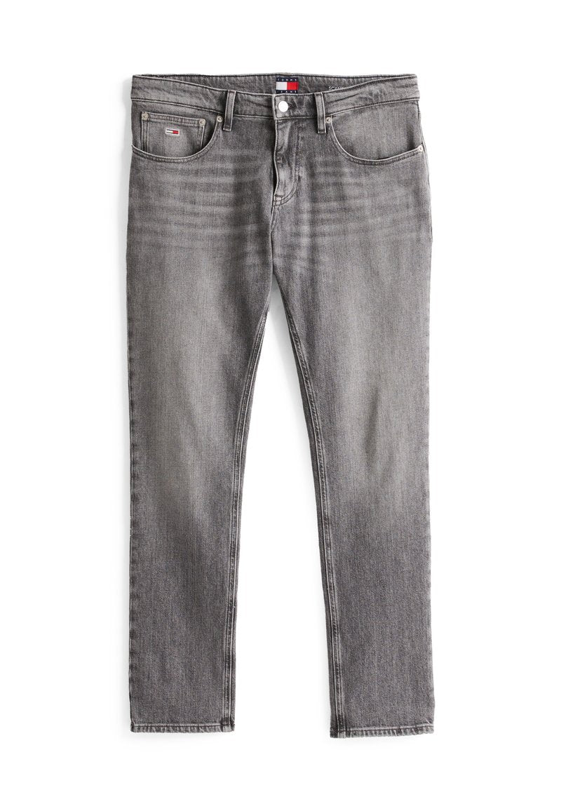 Graue Jeans aus Denim im klassischen Fünf-Taschen-Design, mit geradem Bein, tonalem Nähen und einem kleinen Etikett an der Gesäßtasche.