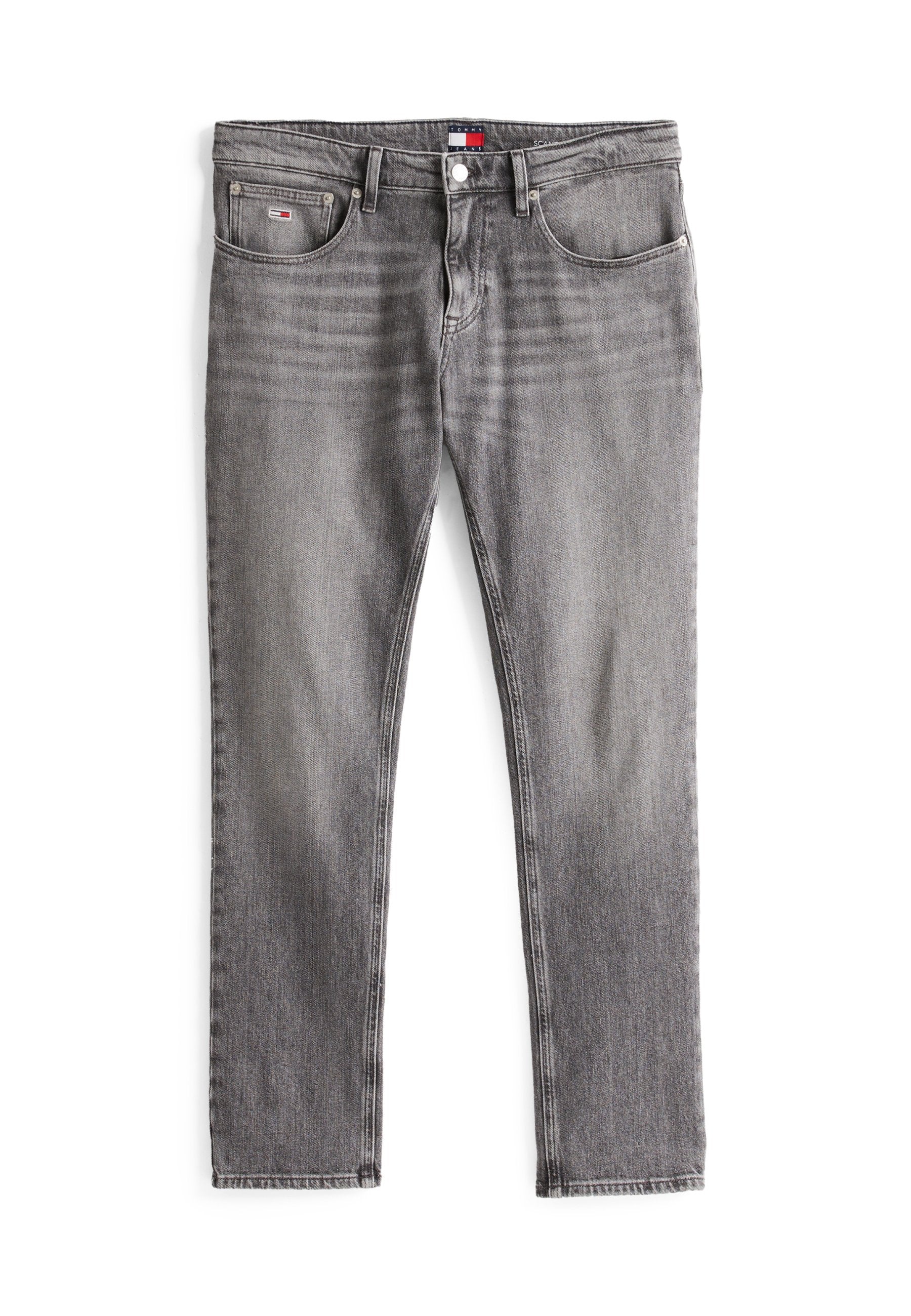 Graue Jeans aus Denim im klassischen Fünf-Taschen-Design, mit geradem Bein, tonalem Nähen und einem kleinen Etikett an der Gesäßtasche.