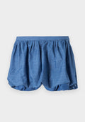 Blaue, leichte Shorts mit einem gerafften, elastischen Bund und einem luftigen, strukturierten Design. Sie verfügen über eine weiche Stoffoberfläche und einen lockeren Schnitt.
