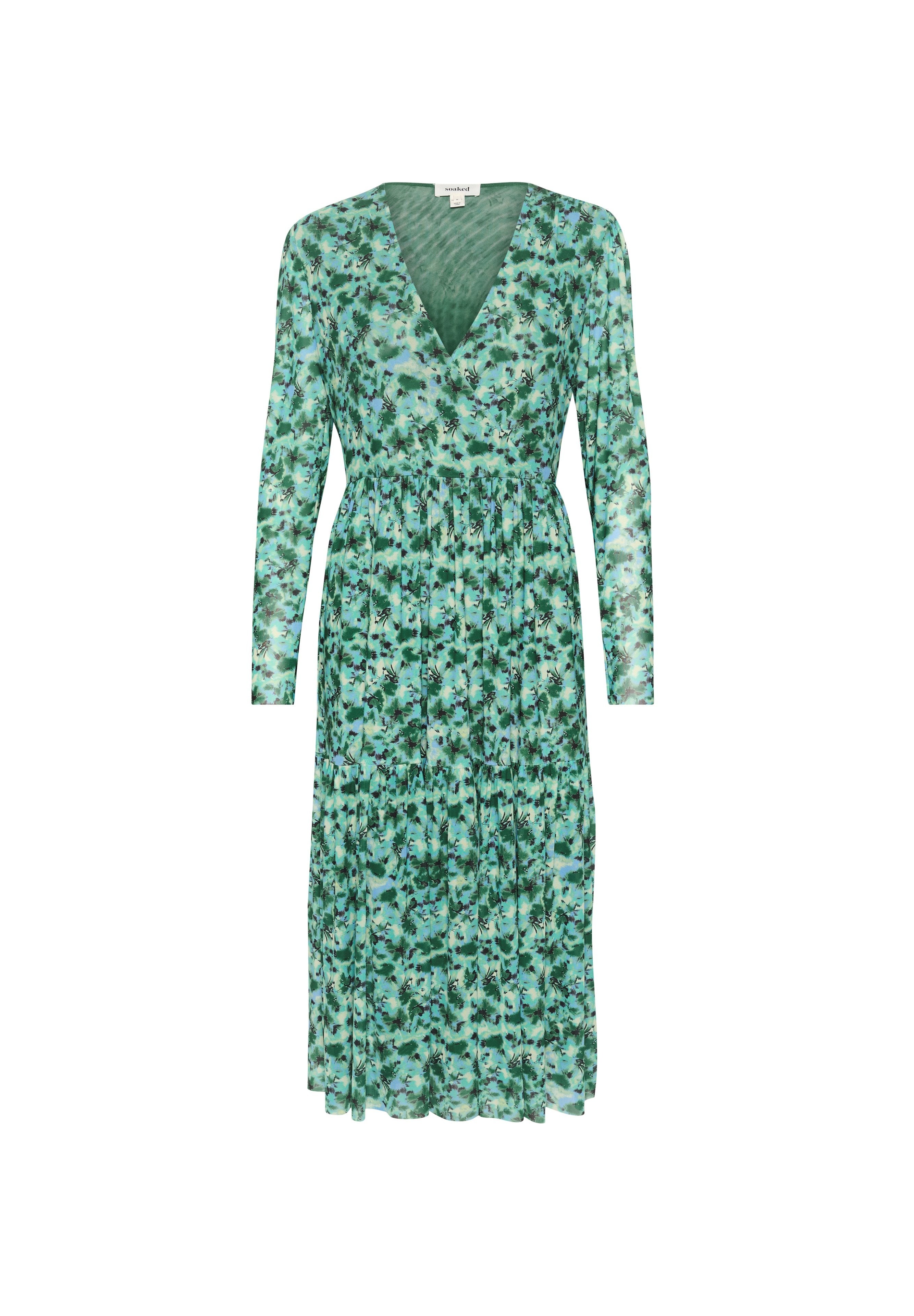 Langärmliges, V-Ausschnitt-Kleid in Grün mit floralem Muster. Der Stoff ist leicht, mit einem gerafften Tailleneinsatz und einem fließenden Rock.