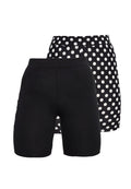 Zwei Paare Damen-Hochbund-Shorts, eines einfarbig schwarz und eines schwarz mit großen weißen Punkten, auf weißem Hintergrund präsentiert.
