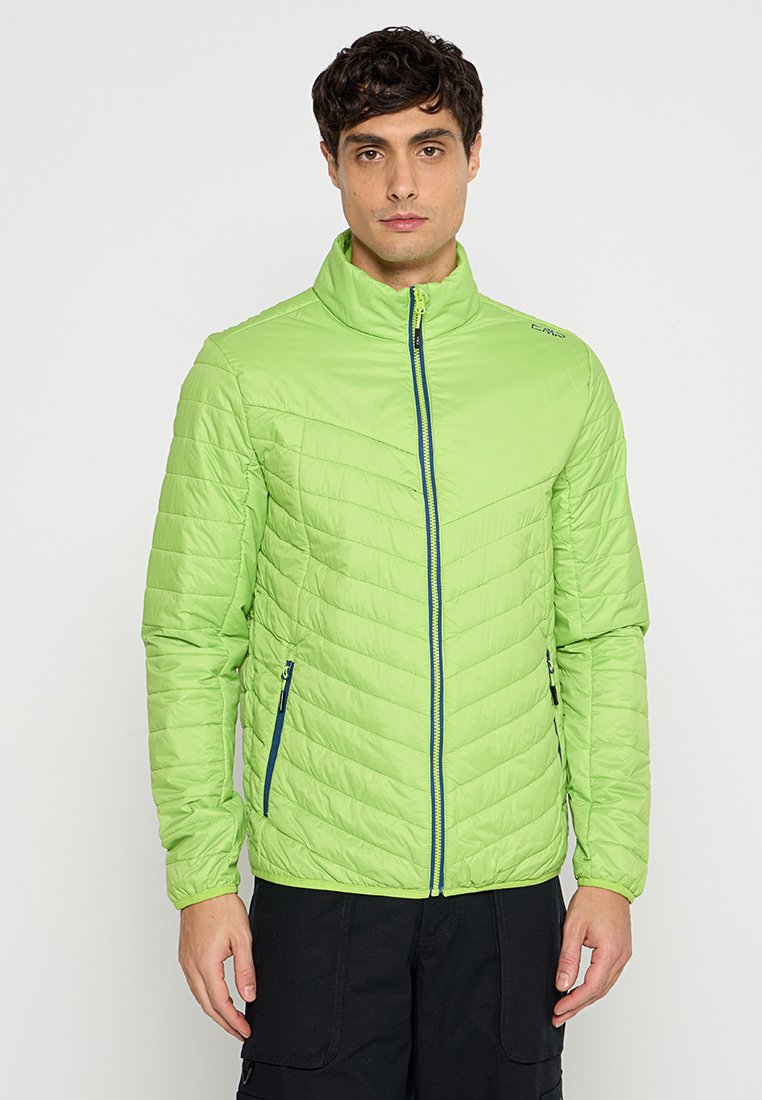 Hellgrüne gesteppte Jacke mit Stehkragen, vorderem Reißverschluss und kontrastierenden blauen Reißverschlussakzenten. Verfügt über seitliche Reißverschlusstaschen.
