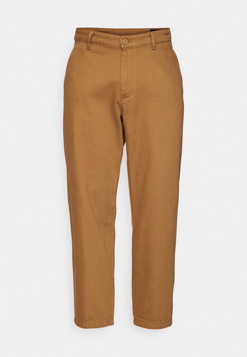 Braune, gerade geschnittene Hose mit glatter Textur, Knopfverschluss und Gürtelschlaufen. Sie zeichnet sich durch ein klassisches Design ohne sichtbare Muster aus.