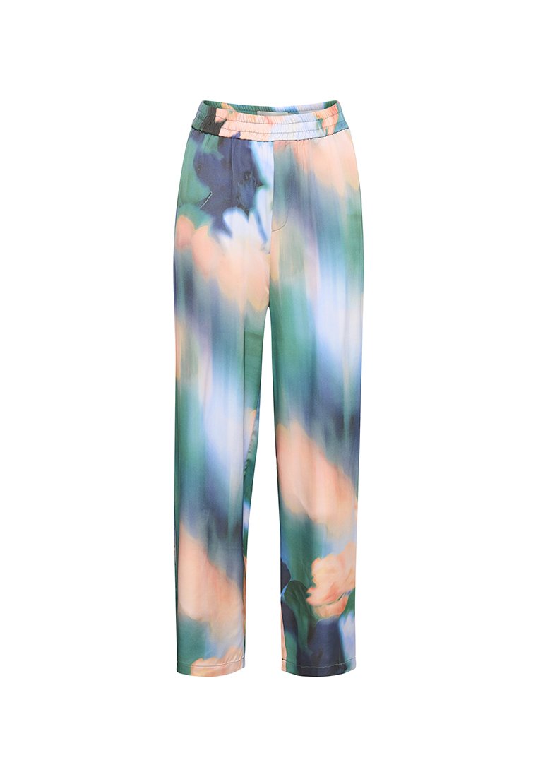 Leichte, luftige Hosen mit einem mehrfarbigen, abstrakten Blumenmuster in Grün, Blau und sanften Rosatönen. Mit elastischem Bund für einen bequemen Sitz.