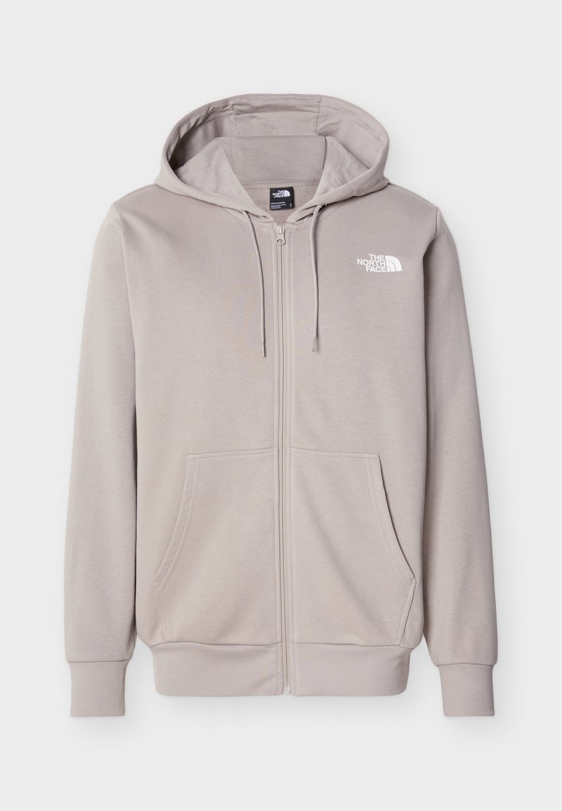Beige Kapuzenpullover mit Reißverschluss, Kapuze, Vordertaschen, Kordelzügen und The North Face Logo auf der linken Brust.