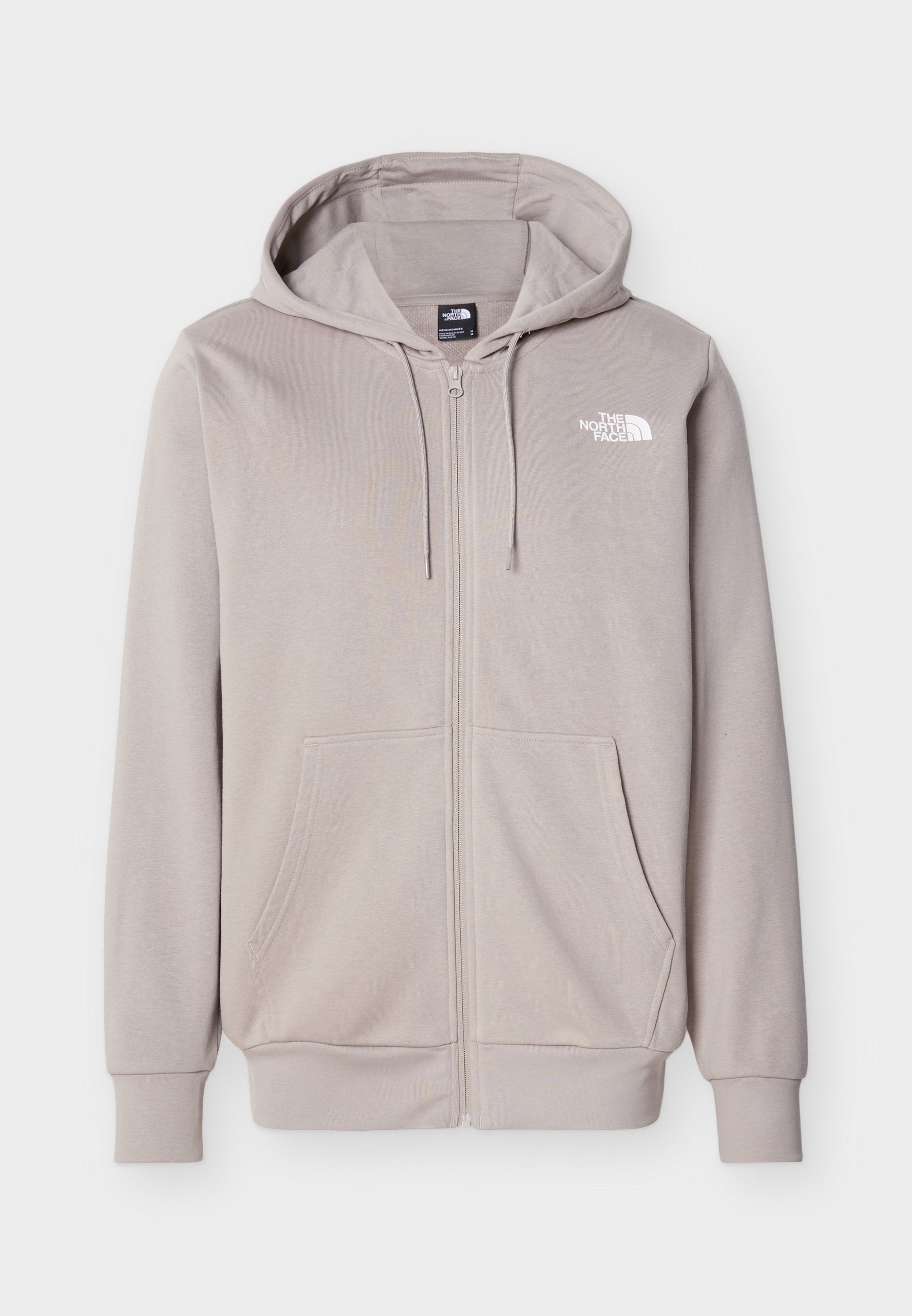 Beige Kapuzenpullover mit Reißverschluss, Kapuze, Vordertaschen, Kordelzügen und The North Face Logo auf der linken Brust.