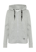 Grauer Reißverschluss-Hoodie aus weichem Material, mit einem Frontreißverschluss, zwei Seitentaschen und kontrastierenden schwarzen Kordelzügen mit Logo-Details.