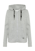 Grauer Reißverschluss-Hoodie aus weichem Material, mit einem Frontreißverschluss, zwei Seitentaschen und kontrastierenden schwarzen Kordelzügen mit Logo-Details.