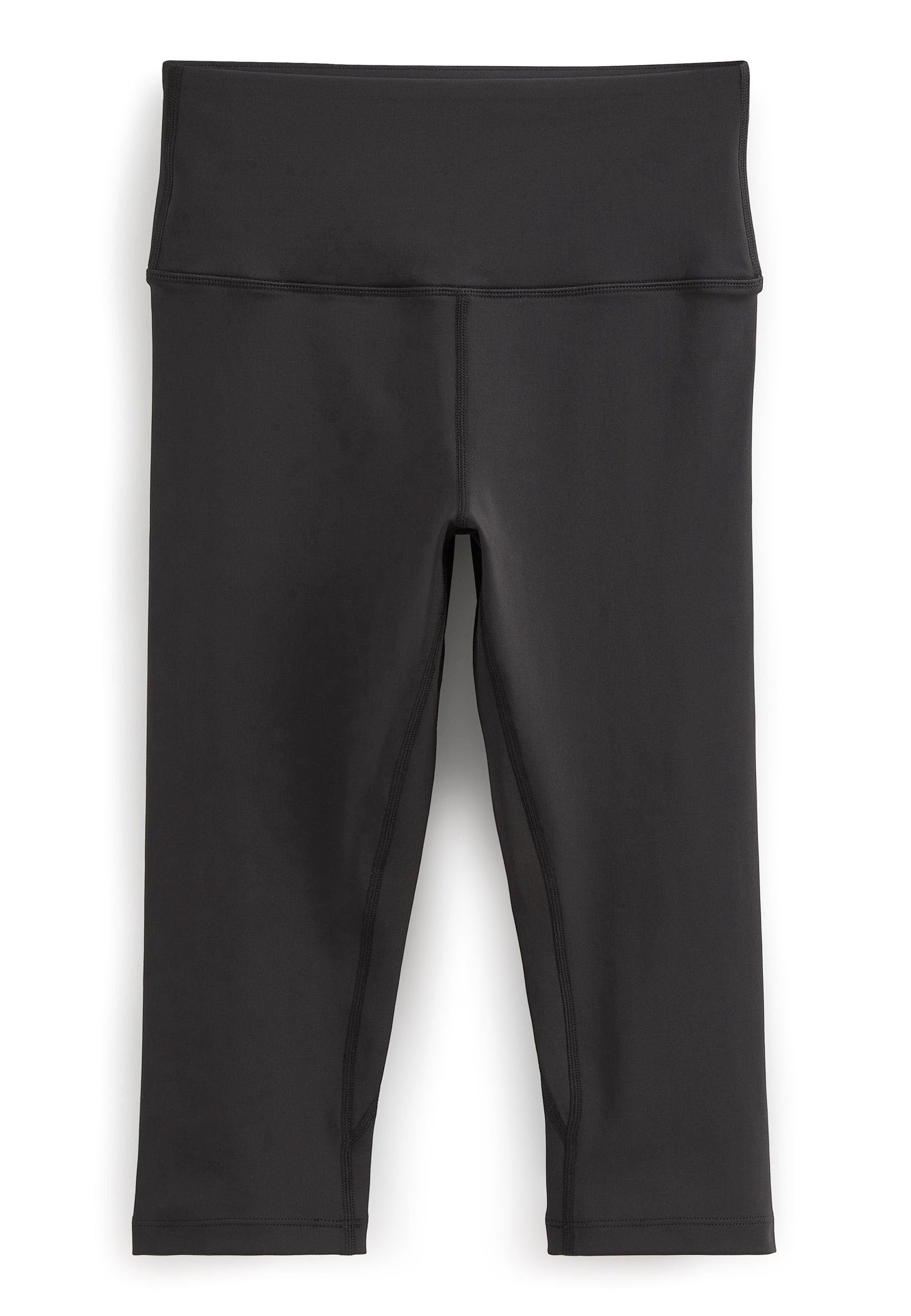Schwarze Capri-Leggings aus glattem, elastischem Stoff. Mit einem breiten, hohen Bund und flachen Nähten für Komfort und Langlebigkeit.