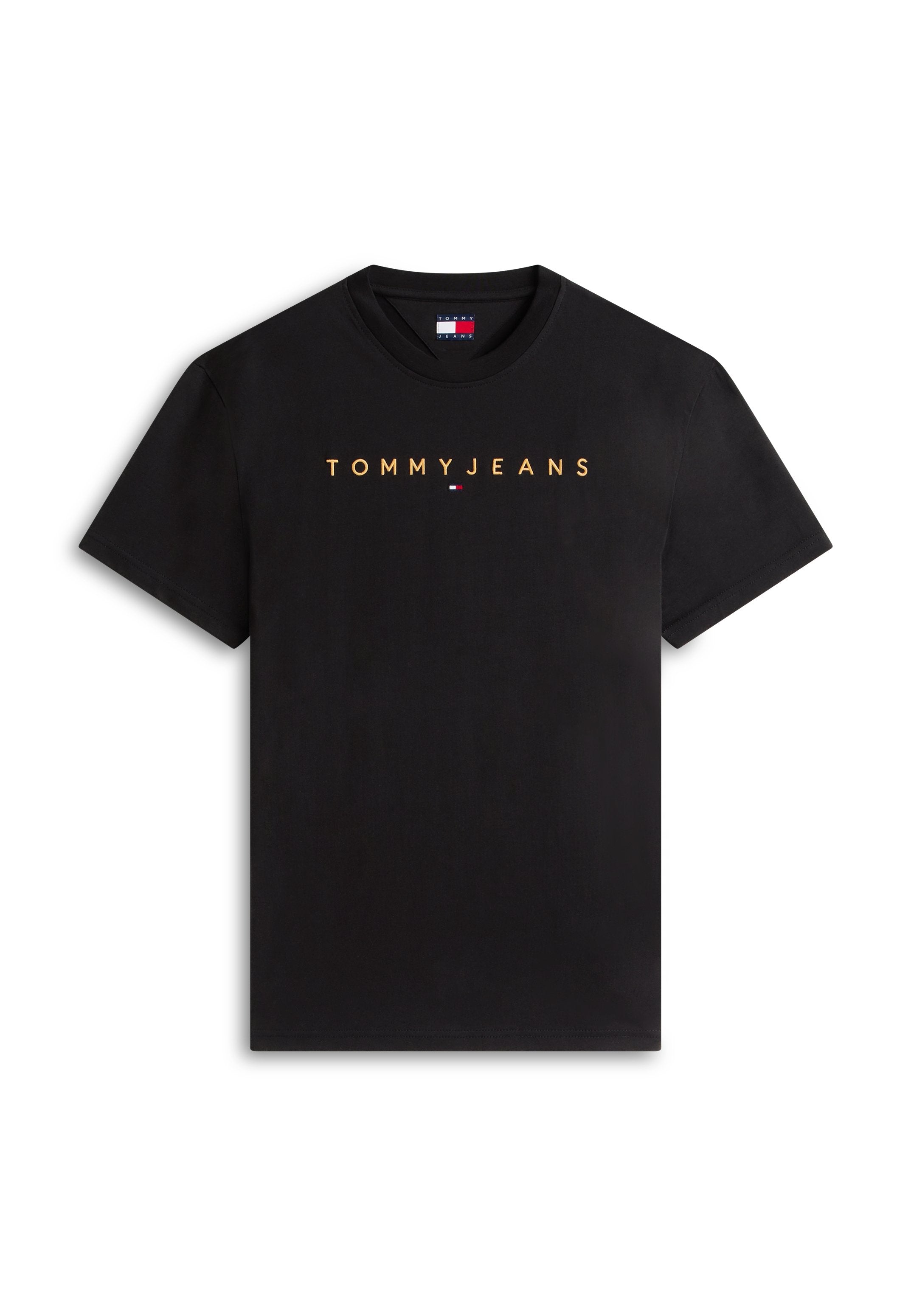 Schwarzes T-Shirt mit kurzen Ärmeln und der Aufschrift "TOMMY JEANS" in goldenen Buchstaben sowie einem kleinen roten, weißen und blauen Tommy Hilfiger-Logo unter dem Text.