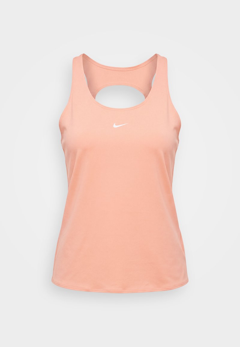 Pinkes ärmelloses Sport-Top mit Racerback-Design und kleinem weißem Nike-Swoosh-Logo auf der Brust.