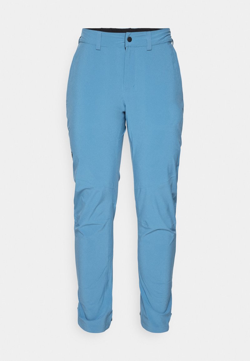 Hellblaue, schlank geschnittene Hose mit Knopfverschluss, Reißverschluss und umgeschlagenen Säumen. Hergestellt aus weichem, strapazierfähigem Stoff mit Fronttaschen.