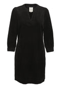 Schwarzes Cordkleid mit Dreiviertel-Puffärmeln, V-Ausschnitt und elastischen Bündchen, knielang und mit lockerer Passform.