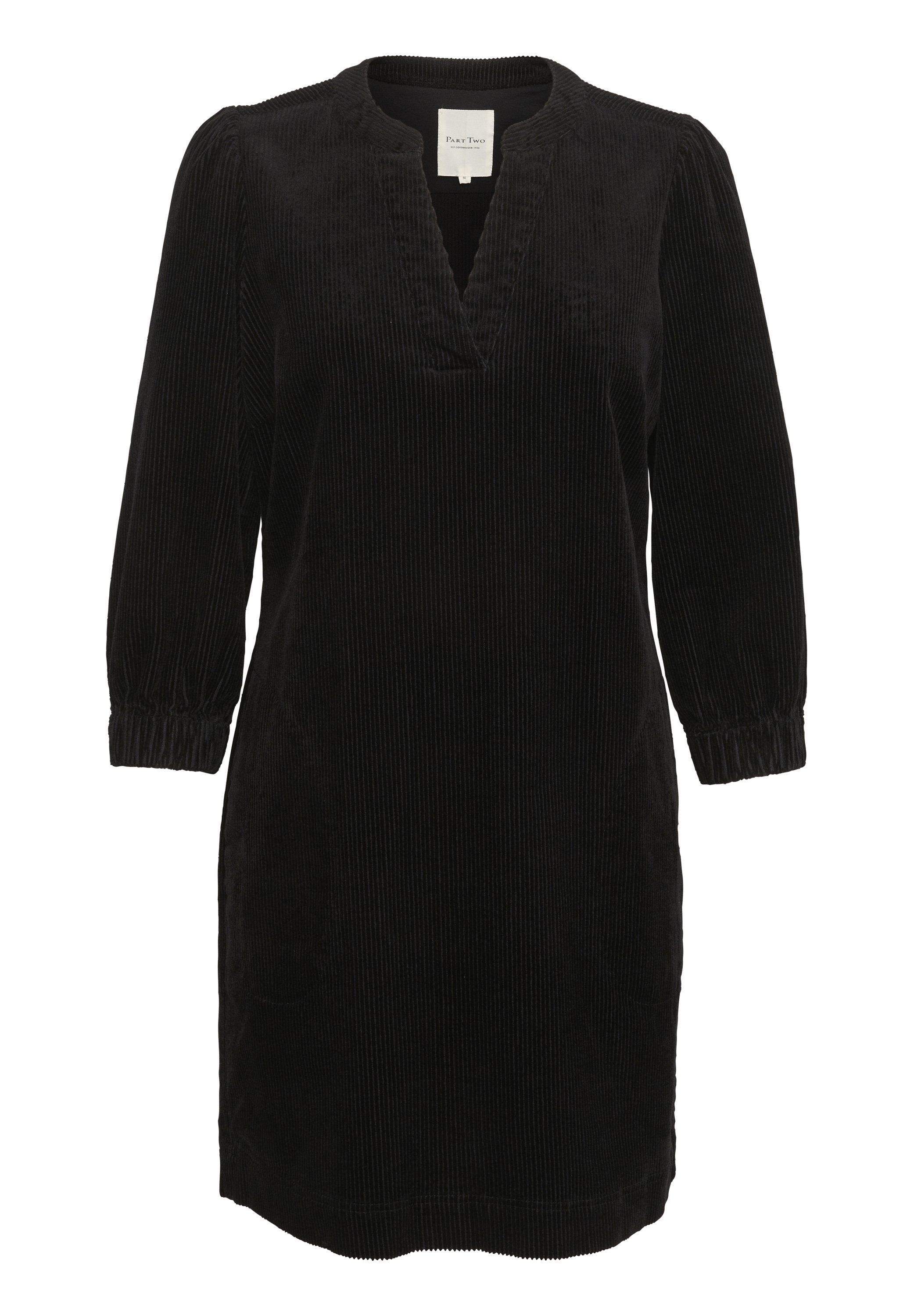Schwarzes Cordkleid mit Dreiviertel-Puffärmeln, V-Ausschnitt und elastischen Bündchen, knielang und mit lockerer Passform.
