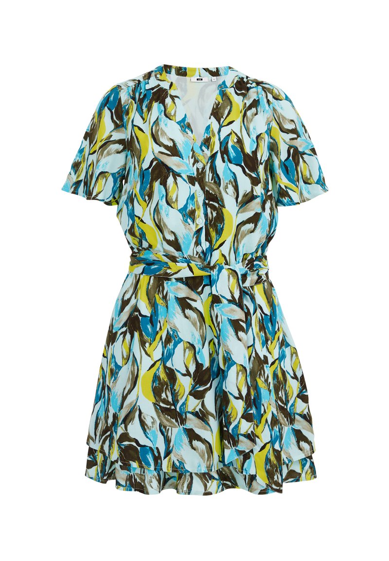 Blumenkleid mit V-Ausschnitt, kurzen Ärmeln, gebundenem Taillenbereich und ausgestelltem Rock. Es zeigt blaue, grüne und braune Blattmuster auf einem hellen Hintergrund.