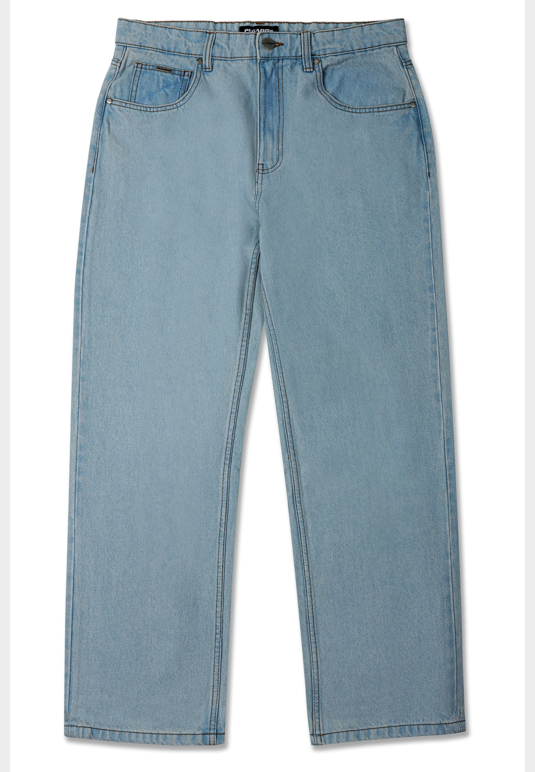 Helles blaues Jeans mit geradem Bein aus Denim, ausgestattet mit einem Knopf- und Reißverschluss, fünf Taschen und kontrastierenden Nähten.