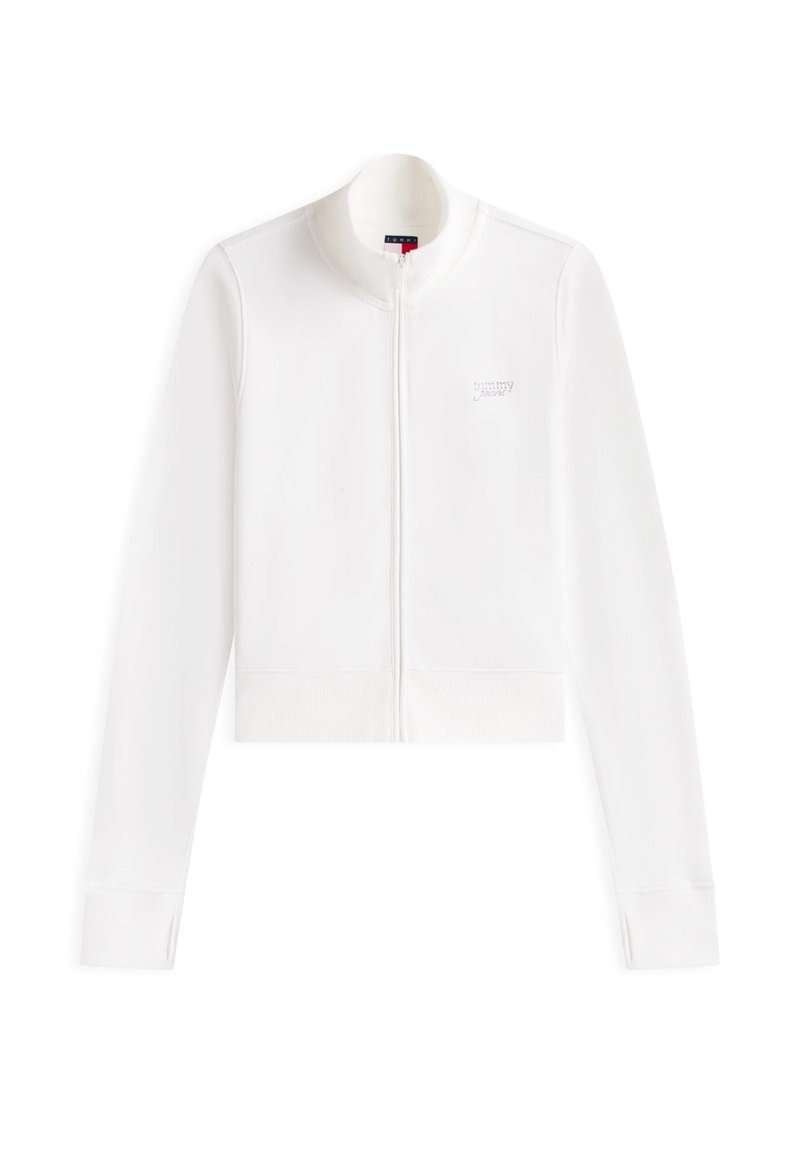 Weißes Langarm-Zip-up-Jacket mit Stehkragen, gerippten Bündchen und Saum, kleines Tommy Jeans Logo auf der linken Brust.