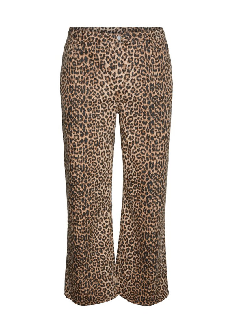 Leoprint-weite, kurze Hosen mit vorderem Knopf- und Reißverschluss, aus weichem Stoff gefertigt.