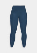 Marineblaue Leggings aus elastischem Material, mit einem hohen Bund, Seitentaschen und dezenten Details in der Nähe der Taschen.