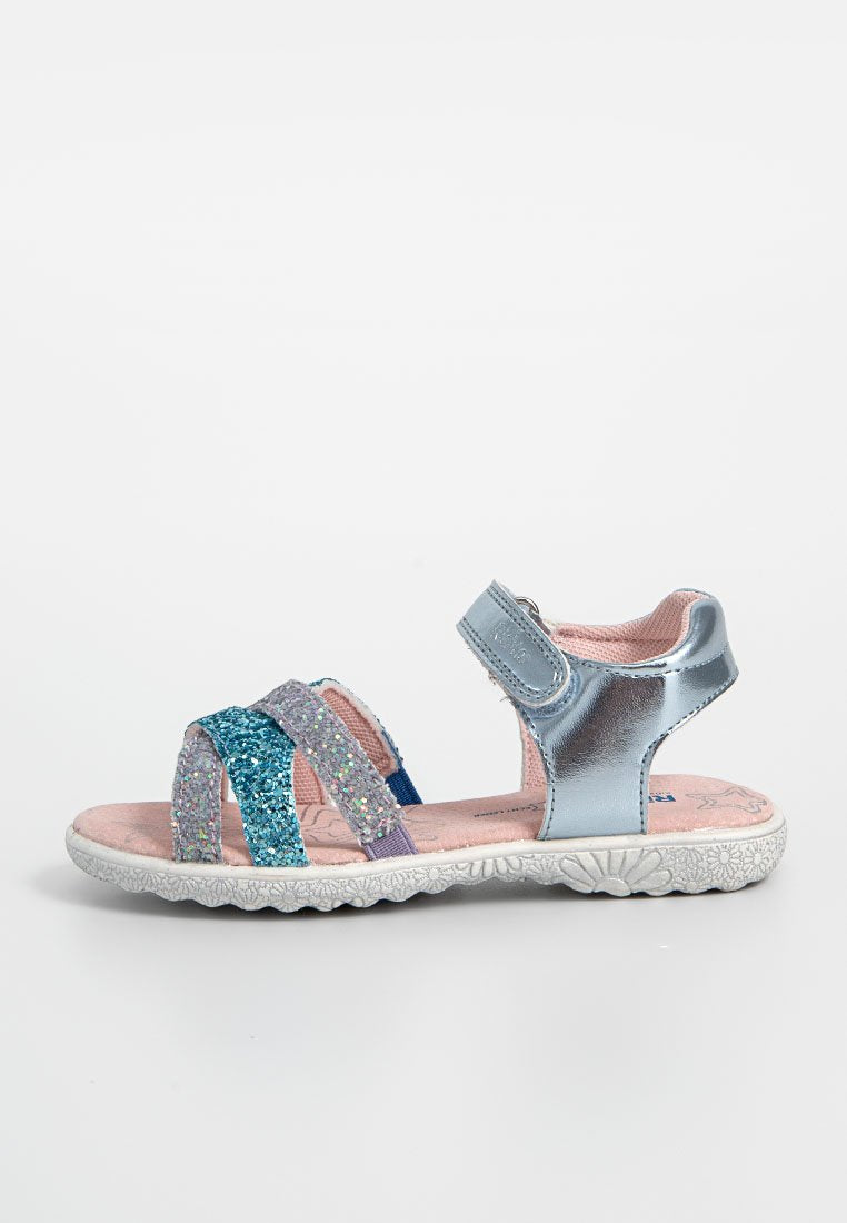 Glitzernde Sandalen mit silbernen Riemen, blauen und lila Akzenten. Weiche rosa Innensohle und strukturierte weiße Sohle für besseren Halt. Verstellbarer Verschluss.