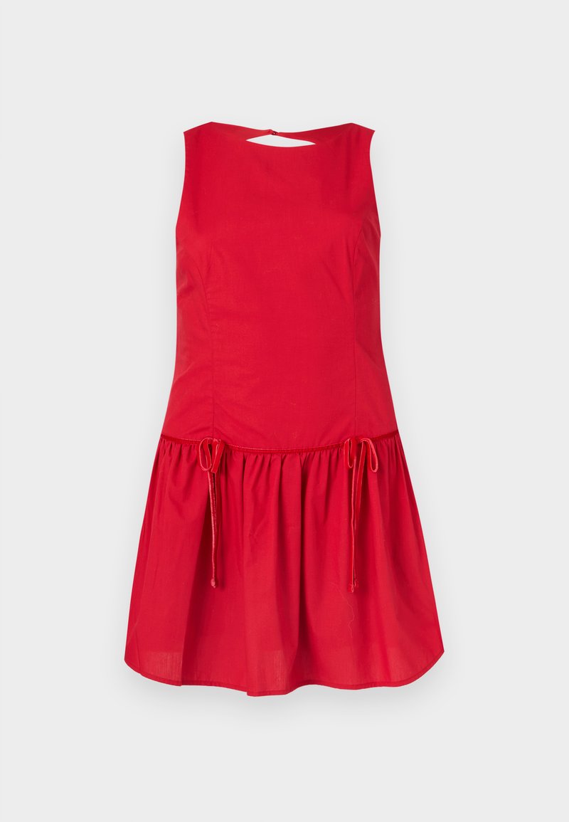Rotes ärmelloses Kleid mit tailliertem Oberteil und gerafftem Rock. Verfügt über Kordelzug-Details an der Taille und eine kleine Öffnung am Rücken.
