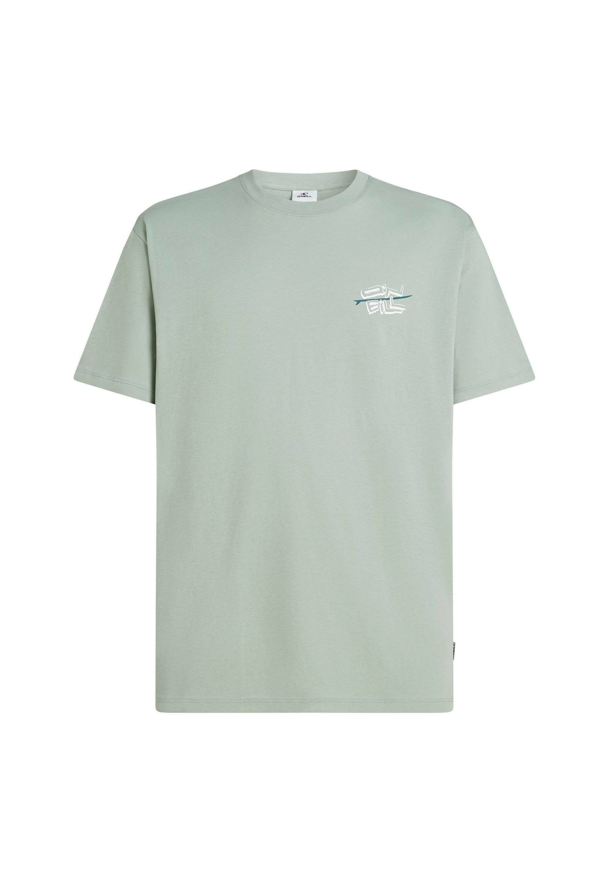Hellgrünes Baumwoll-T-Shirt mit Rundhalsausschnitt und kurzen Ärmeln. Enthält ein kleines, weißes gedrucktes Logo auf der linken Brust.