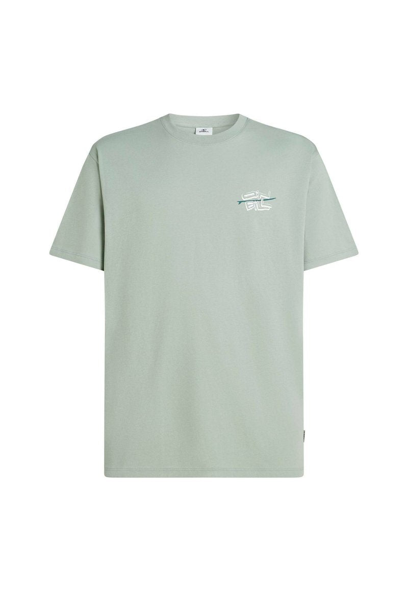 Hellgrünes Baumwoll-T-Shirt mit Rundhalsausschnitt und kurzen Ärmeln. Enthält ein kleines, weißes gedrucktes Logo auf der linken Brust.