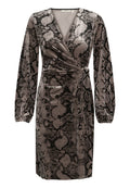 Wickeldress aus strukturiertem Velours mit einem schwarzen und braunen Schlangenprint, V-Ausschnitt, langen Puffärmeln und einem seitlichen Bindeband.