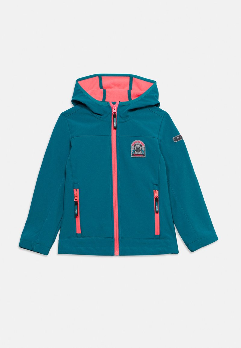 Blaugrüne Kinderjacke mit Kapuze, korallenroten Reißverschlüssen, zwei vorderen Reißverschlusstaschen und einem kleinen Aufnäher mit einem Hund und Text auf der Brust.