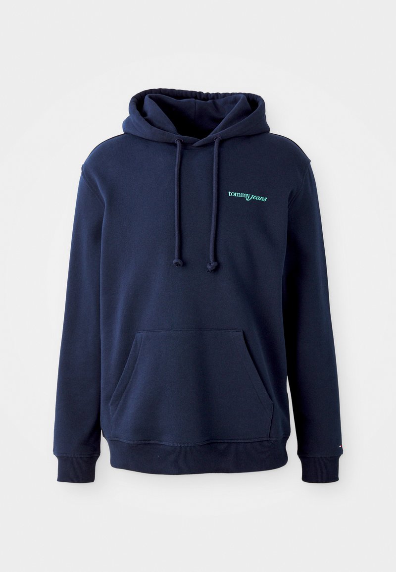 Navyblaue Kapuzenjacke aus Baumwollmischung mit einer vorderen Tasche, Kordelzügen, gerippten Bündchen und einem kleinen "tommy jeans"-Logo in Türkis.