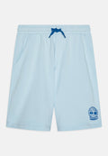 Hellblaue Baumwollshorts mit elastischem Bund, blauen Kordelzug, Seitentaschen und einem blauen Timberland-Logo-Detail am unteren linken Bein.