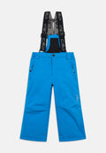 Helle blaue Schneehose für Kinder mit verstellbaren schwarzen Trägern und seitlichen Reißverschlusstaschen, entworfen für kaltes Wetter.