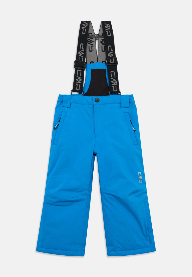 Helle blaue Schneehose für Kinder mit verstellbaren schwarzen Trägern und seitlichen Reißverschlusstaschen, entworfen für kaltes Wetter.
