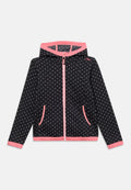 Schwarzer Kapuzenpullover mit Reißverschluss, verziert mit weißen Punkten, rosa Akzenten an Kapuze, Reißverschluss und Taschen. Weiche Textur, legeres Design, lange Ärmel.