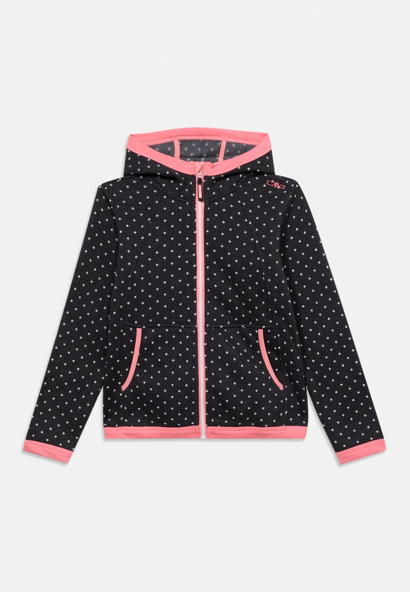 Schwarzer Kapuzenpullover mit Reißverschluss, verziert mit weißen Punkten, rosa Akzenten an Kapuze, Reißverschluss und Taschen. Weiche Textur, legeres Design, lange Ärmel.