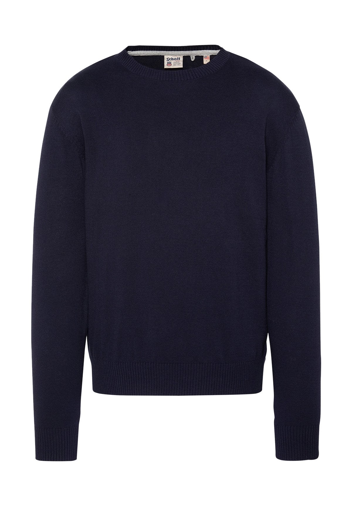 Marineblauer Pullover mit Rundhalsausschnitt, langen Ärmeln, gerippten Bündchen und Saum, dargestellt auf weißem Hintergrund.