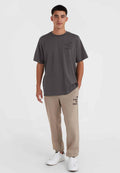 Grauer Baumwoll-T-Shirt mit kurzen Ärmeln und einem bedruckten Logo. Beigefarbene Sweatpants mit seitlichen Streifen und einem Logo-Print. Weiße Sneakers.