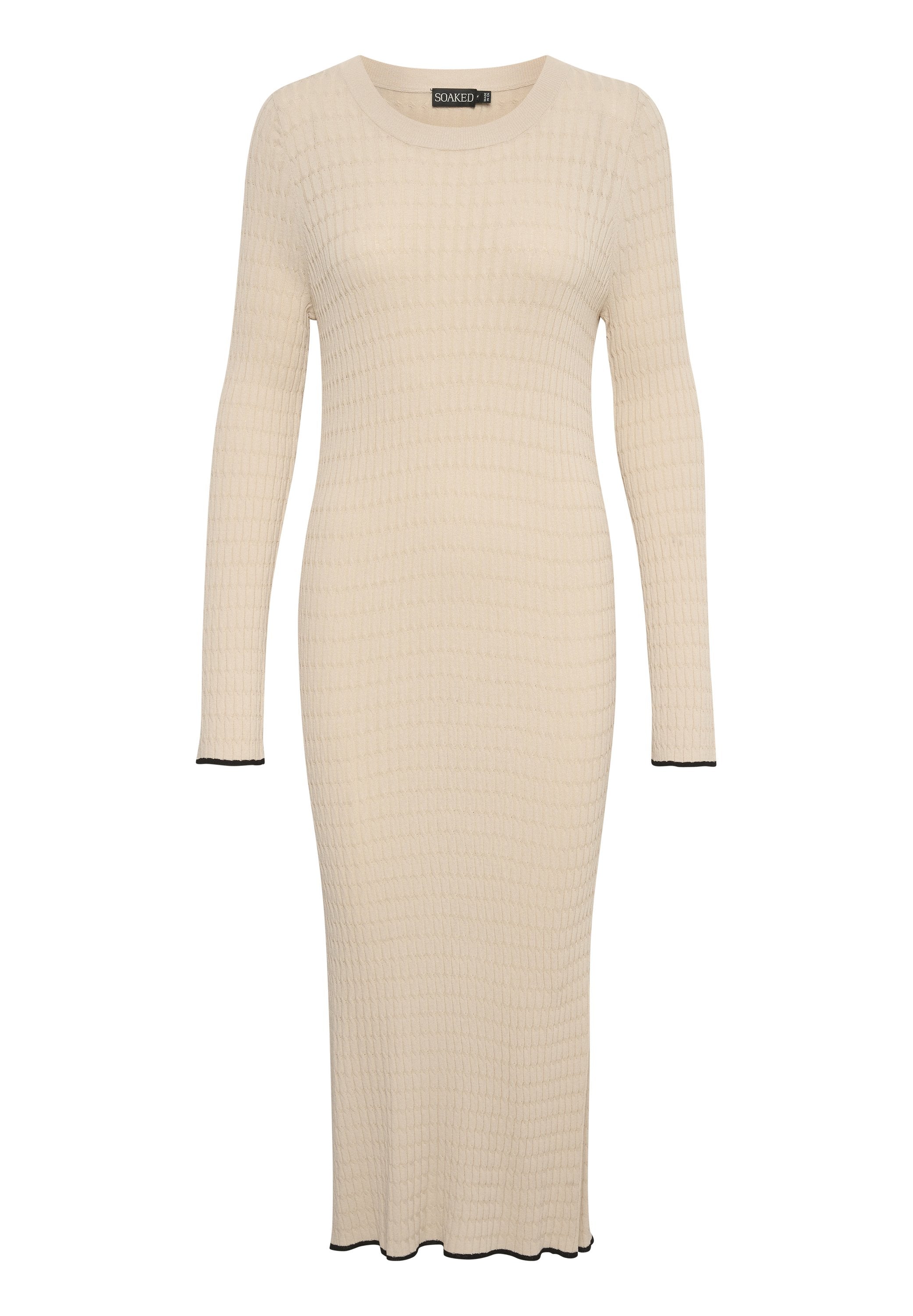 Strickkleid mit langen Ärmeln in hellem Beige, mit strukturiertem Muster, rundem Ausschnitt und schwarzem Besatz an den Ärmeln und dem Saum. Figurbetonte Silhouette.