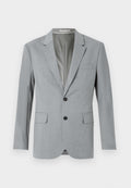 Grauer Blazer aus strukturiertem Stoff, einreihiges Design, mit Reverskragen, zwei vorderen Taschen und schwarzen Knöpfen. Gefüttertes Innenfutter.