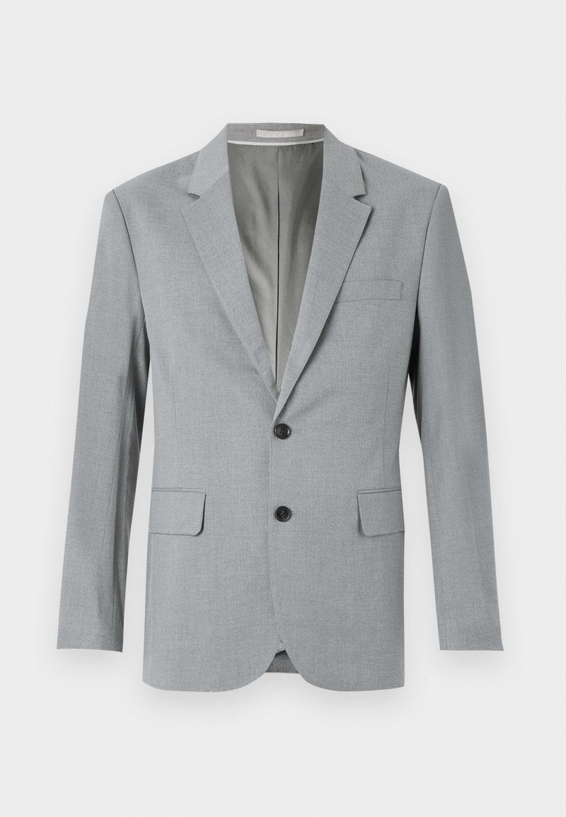 Grauer Blazer aus strukturiertem Stoff, einreihiges Design, mit Reverskragen, zwei vorderen Taschen und schwarzen Knöpfen. Gefüttertes Innenfutter.