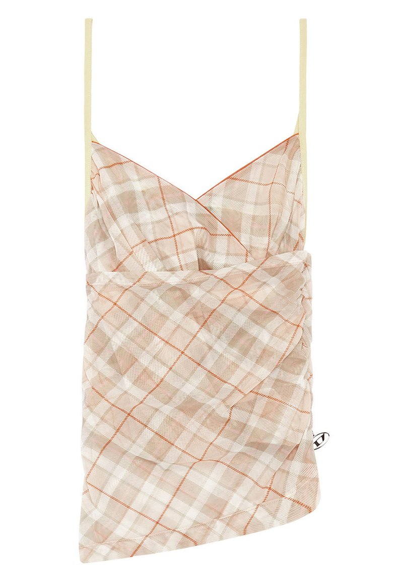 Karierte Mesh-Kleid mit Spaghetti-Trägern, in einem beige und hellbraunen Farbschema, mit orangefarbenen Akzenten und einem gerafften Seitendetail.