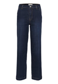 Dunkelblaue Denim-Weitbein-Hosen mit hoher Taille, heller Naht, Vorderaschen und einem Knopfverschluss. Schlichtes, unverziertes Design.