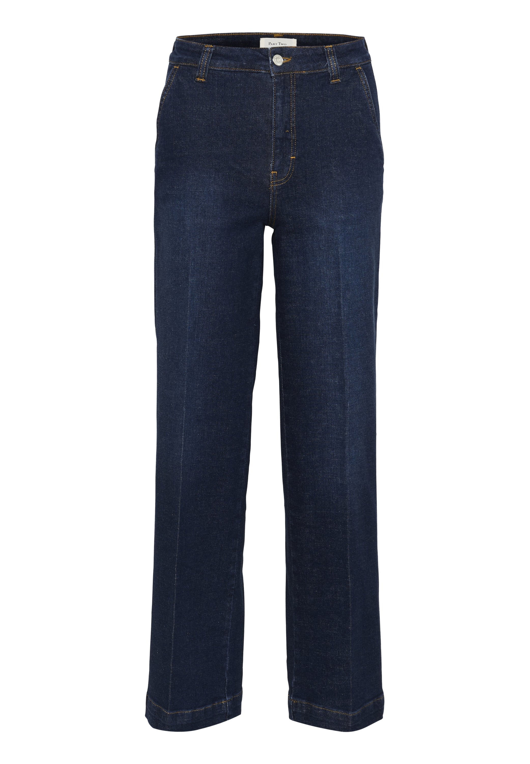 Dunkelblaue Denim-Weitbein-Hosen mit hoher Taille, heller Naht, Vorderaschen und einem Knopfverschluss. Schlichtes, unverziertes Design.