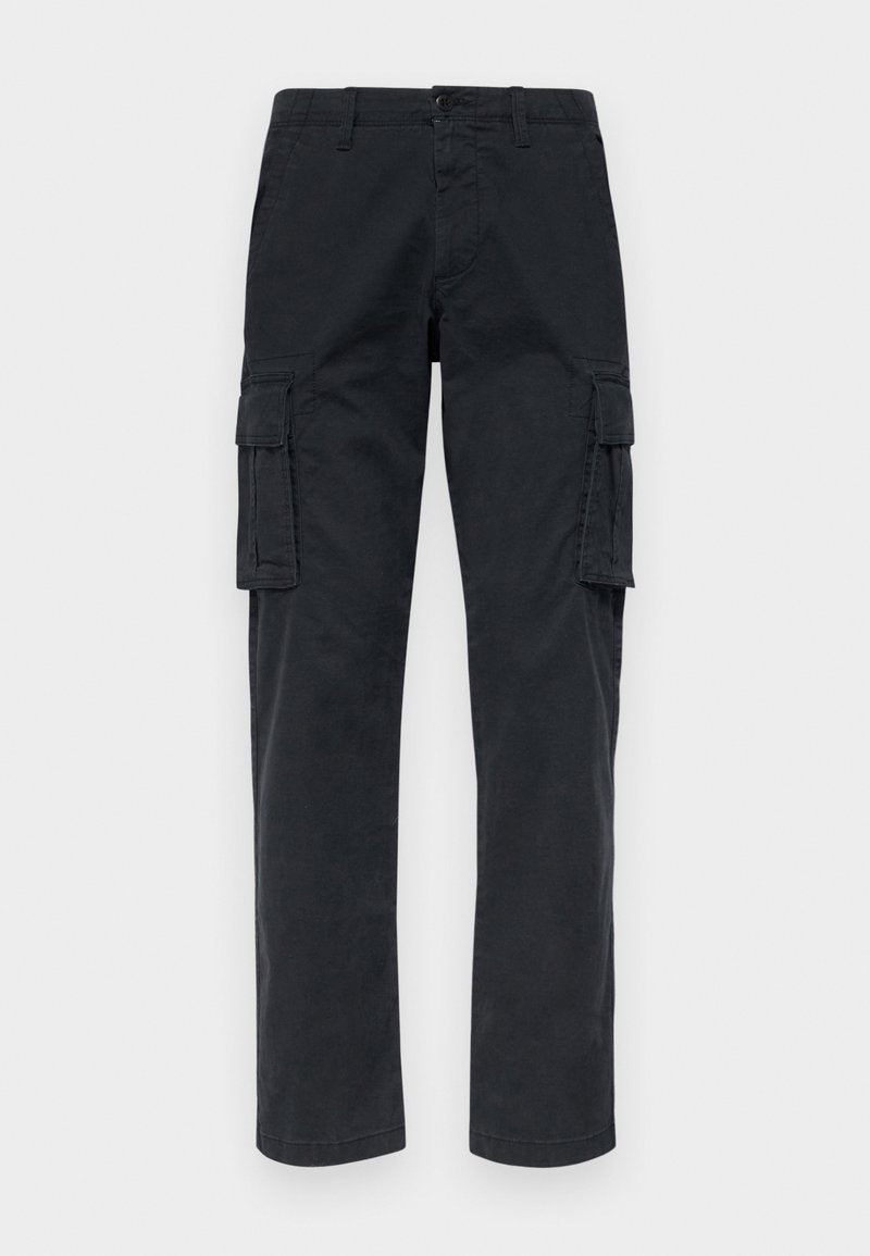Schwarze Cargo-Hose aus robustem Stoff, mit zwei Seitentaschen, geraden Beinen und einem Knopfverschluss an der Taille.